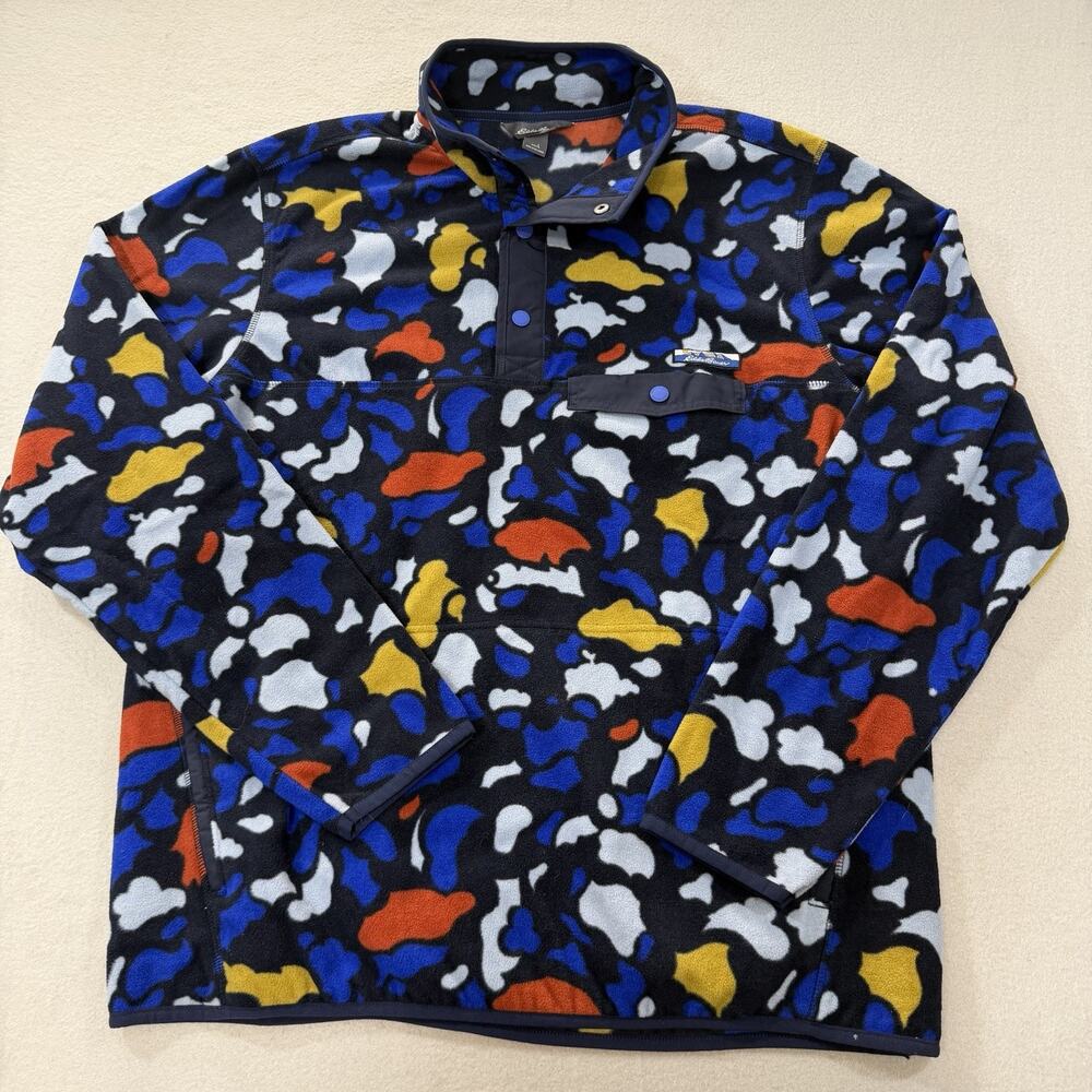 Eddie Bauer Mens Large Multicolor Camo Fleece Snap Pullover Jacket Pocket